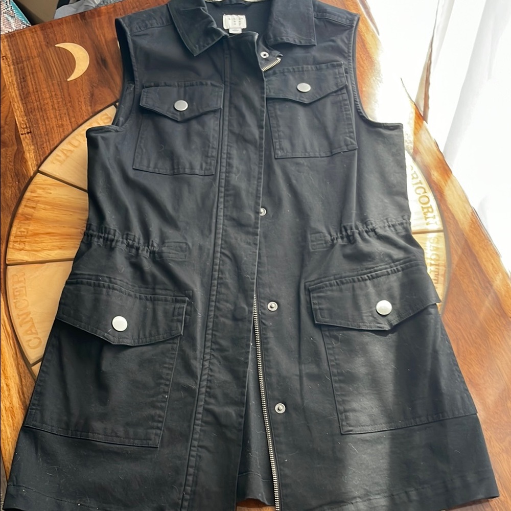 Utility Military Black Vest Zipper Snap Buttons Long Cinched Waist